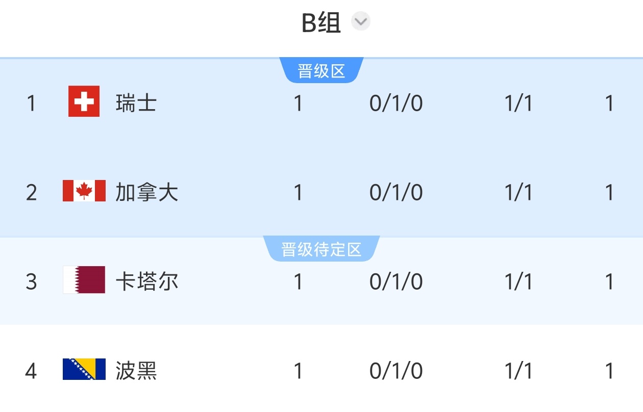两场都是1-1！B组积分榜：瑞士、加拿大、卡塔尔、波黑同积1分