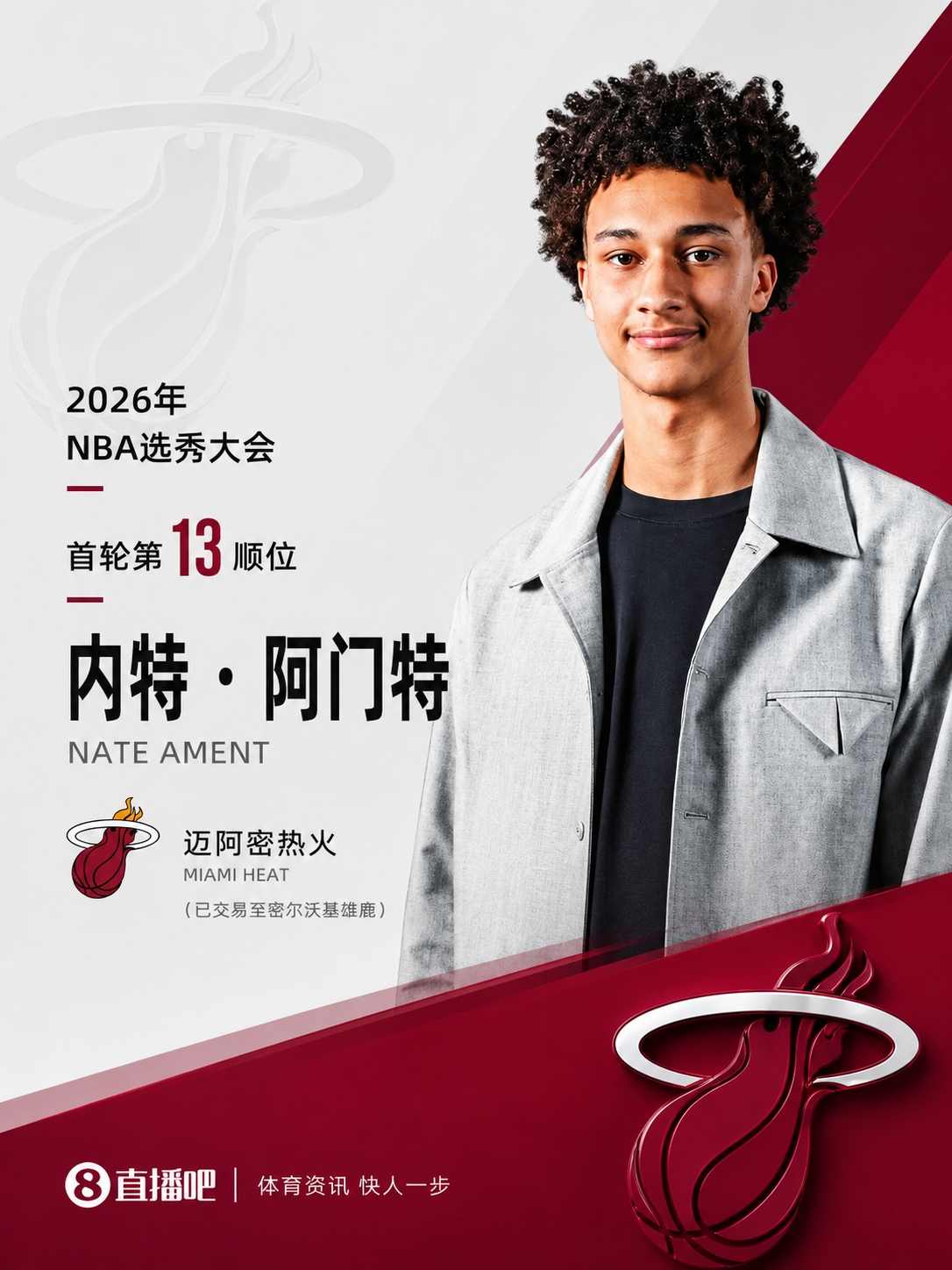 已经要送给雄鹿了~NBA选秀大会：热火用13号签选中内特·阿门特