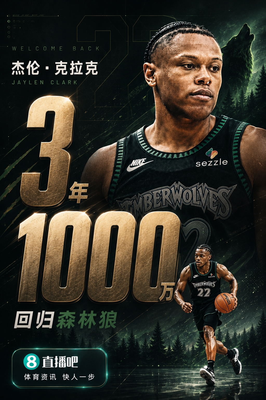 狼记：杰伦·克拉克三年1000万回归森林狼！