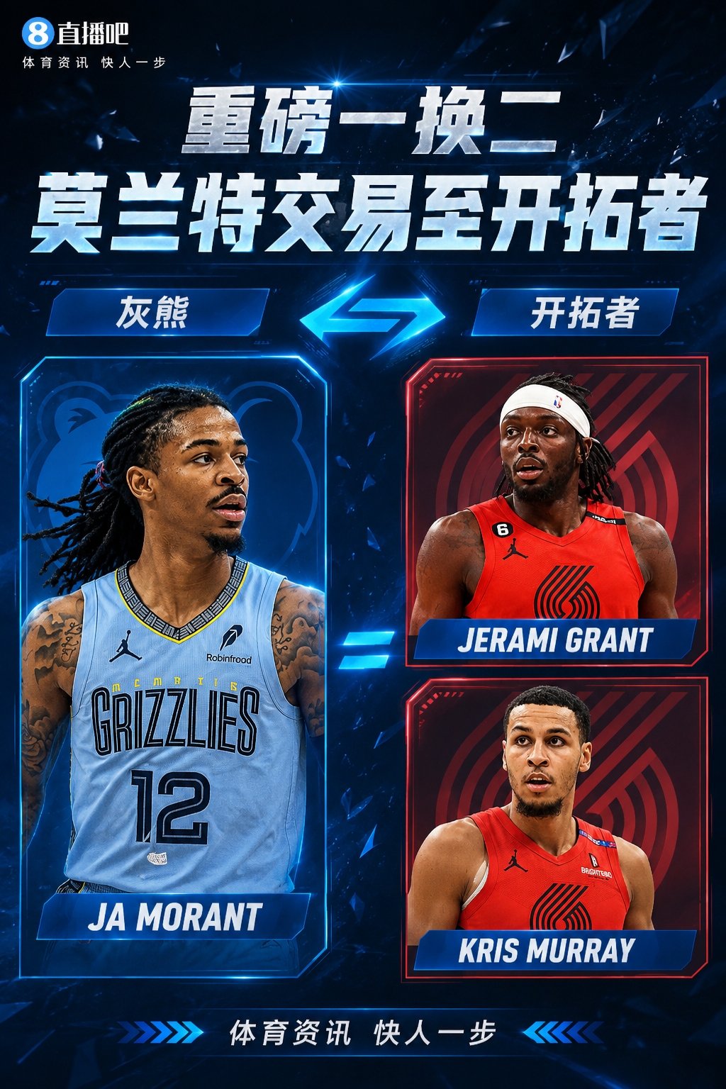 重磅Shams：灰熊将莫兰特交易至开拓者！换格兰特+穆雷