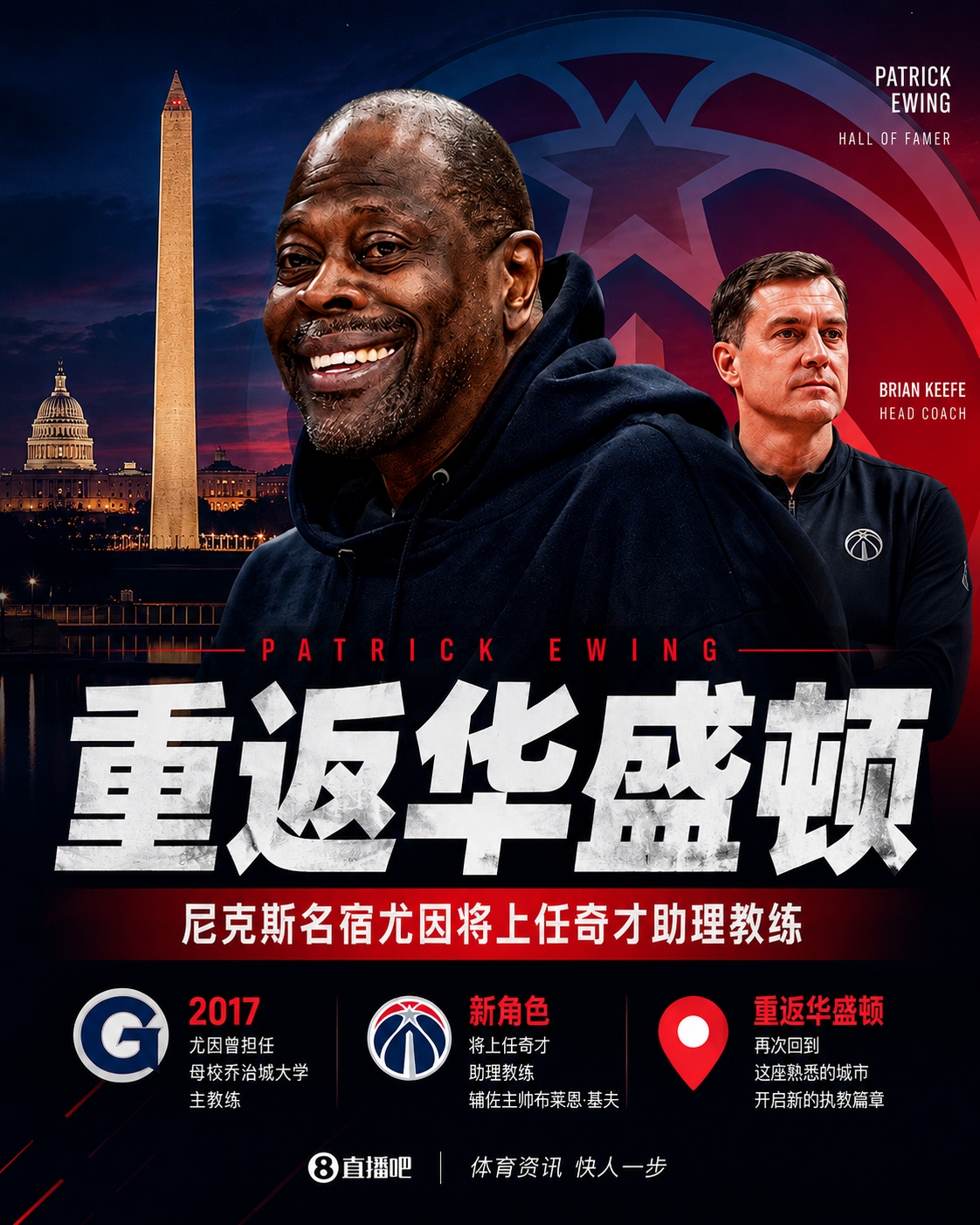 重返华盛顿任教！Shams：尼克斯名宿尤因将上任奇才助理教练