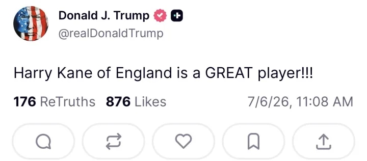 美国总统特朗普发文：英格兰的哈里·凯恩是一个伟大的球员！！！