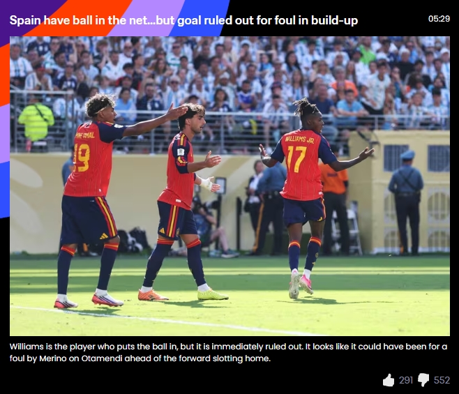 FIFA官方解释西班牙进球无效:看起来梅里诺对奥塔门迪犯规在先