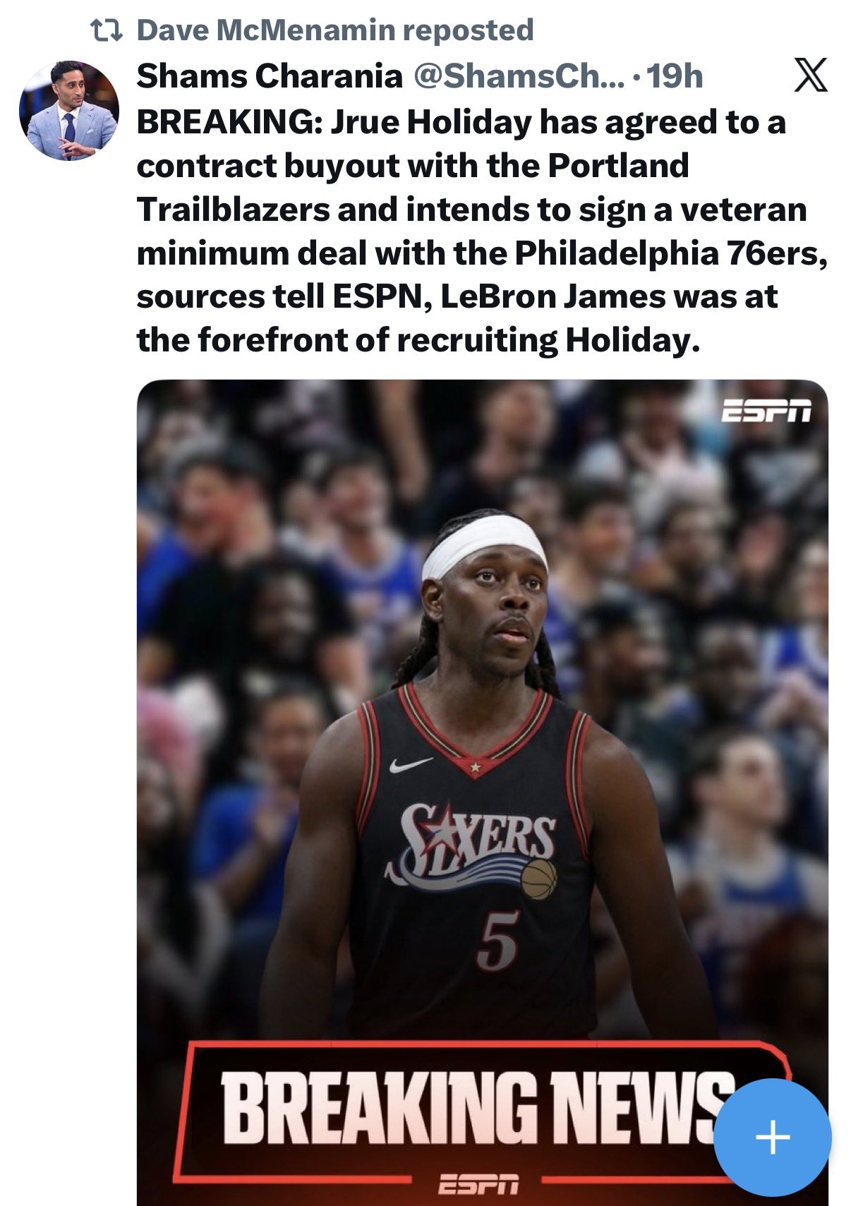 真Shams是你同事~ESPN名记被假Shams骗了 转霍勒迪买断回76人消息