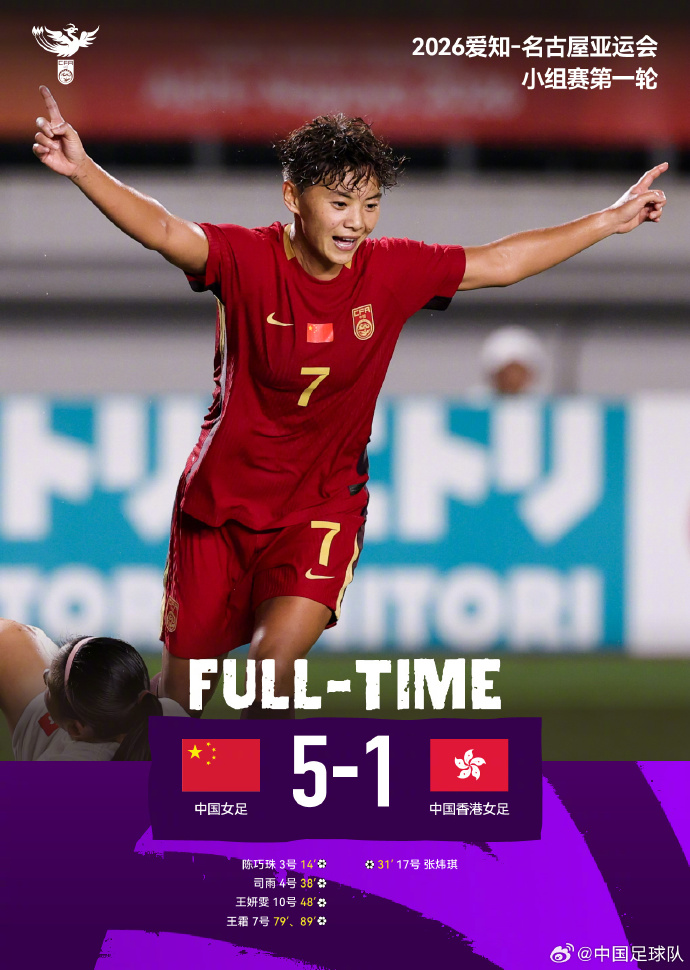 2026爱知-名古屋亚运会小组赛第一轮，中国女足5比1中国香港女足