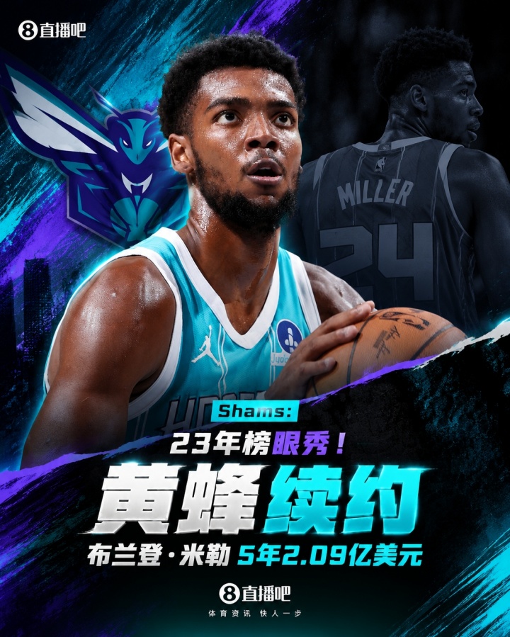23年榜眼秀！Shams：布兰登·米勒5年2.09亿提前续约黄蜂！