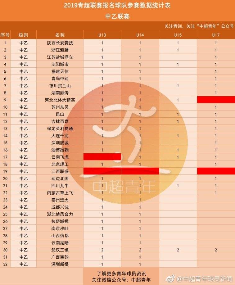 2019青超联赛共383队参赛,按年龄分为5个组别