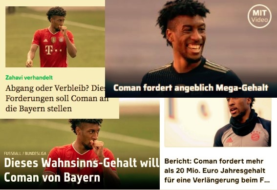 德甲今日头版：德国球员不认同三中卫战术 科曼要求2000万欧年薪