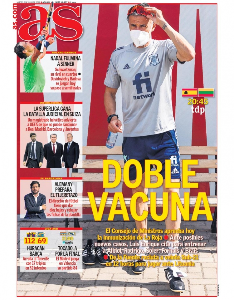 西甲今日头版：西班牙国家队准备打疫苗 巴萨想签一名巨星