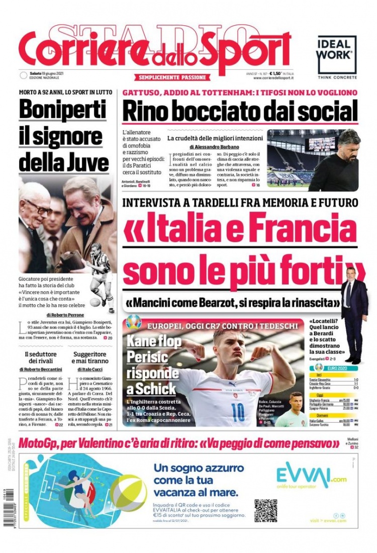 意甲今日头版：意大利不打默契球 博尼佩尔蒂去世