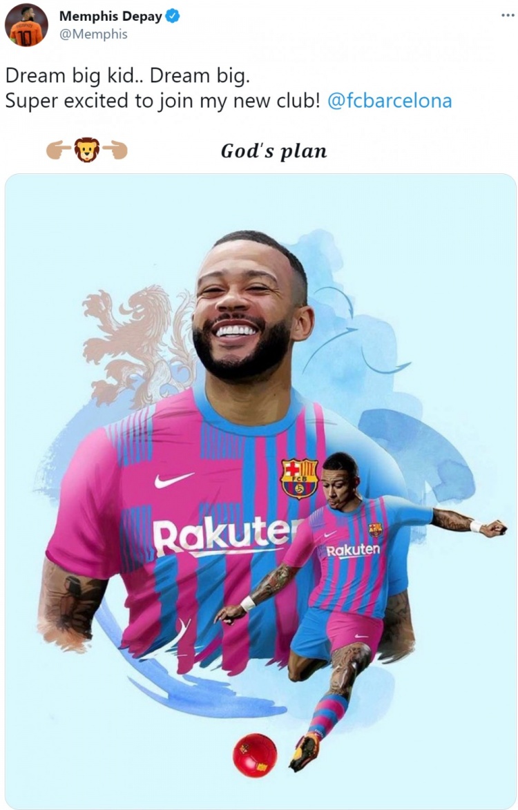 德佩推特谈加盟巴萨：所有孩子们都应该大胆去梦想