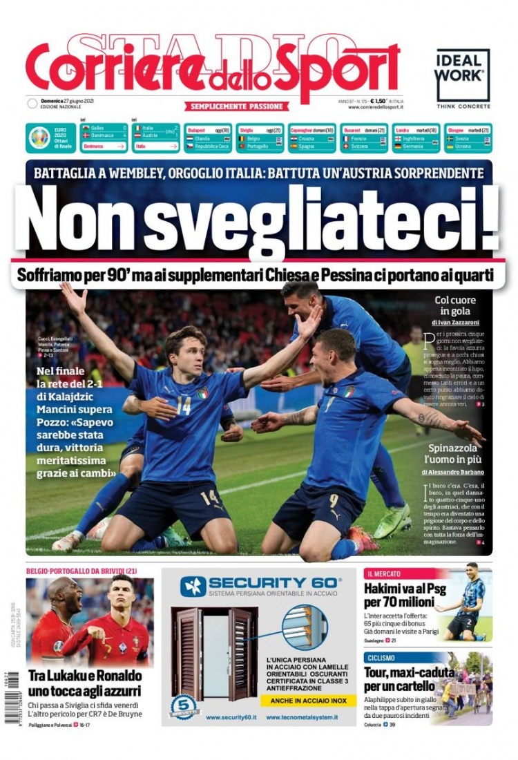 意甲今日头版：意大利顽强晋级 丹麦队像一个童话