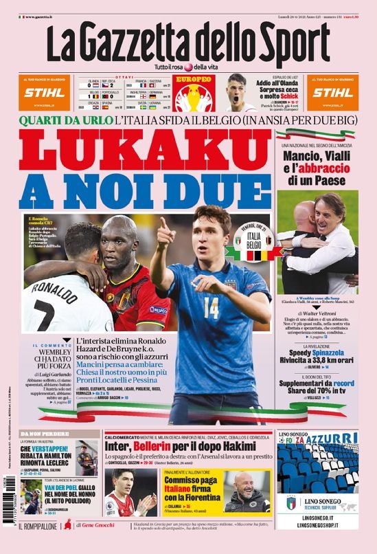 意甲今日头版:意大利对决卢卡库!国米边路首选贝莱林