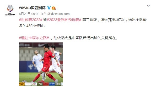 亚洲杯官博点评张琳芃40强赛表现:430次传球居全队之首