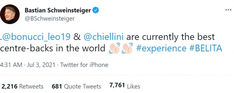 施魏因斯泰格:博努奇和基耶利尼是世界最佳中卫