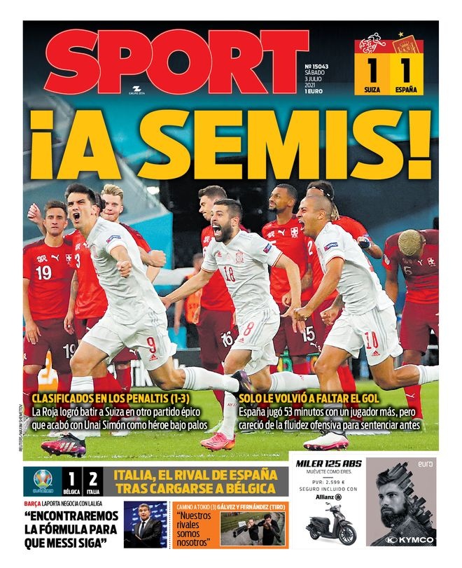 【蜗牛电竞】西甲今日头版：西班牙杀入欧洲杯半决赛 拉波尔塔想办法续约梅西