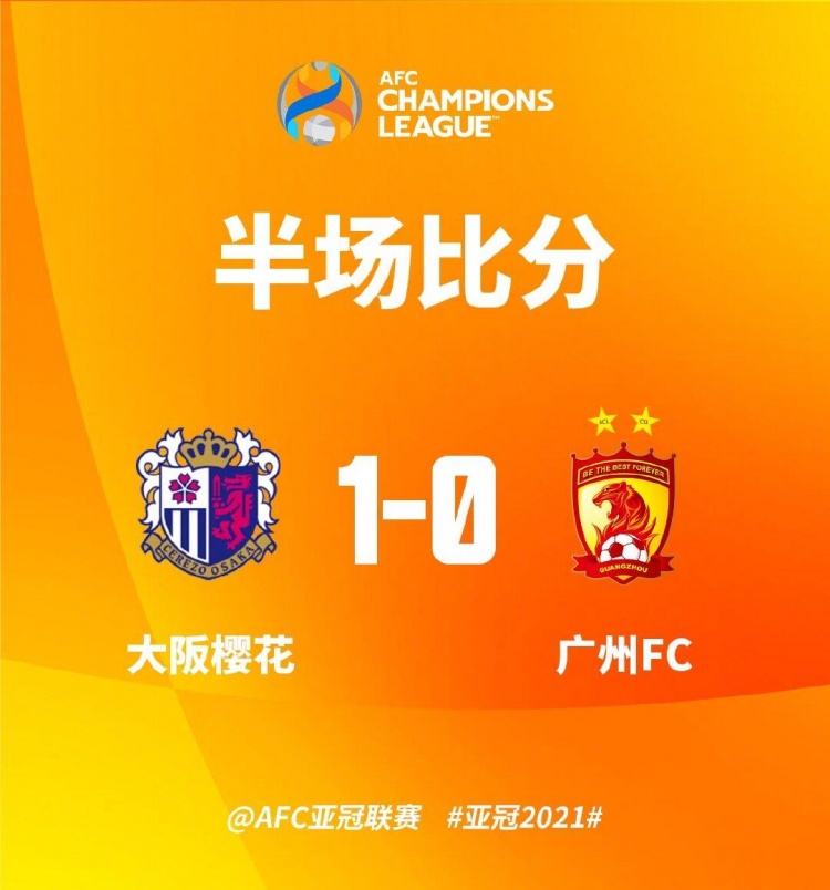 半场-广州0-1大阪樱花，广州队大门33分钟失守 射门1-15