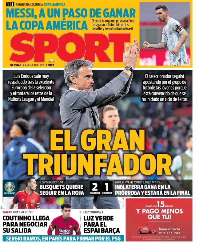 西甲今日头版：西班牙表现获得高分 梅西带领阿根廷进美洲杯决赛