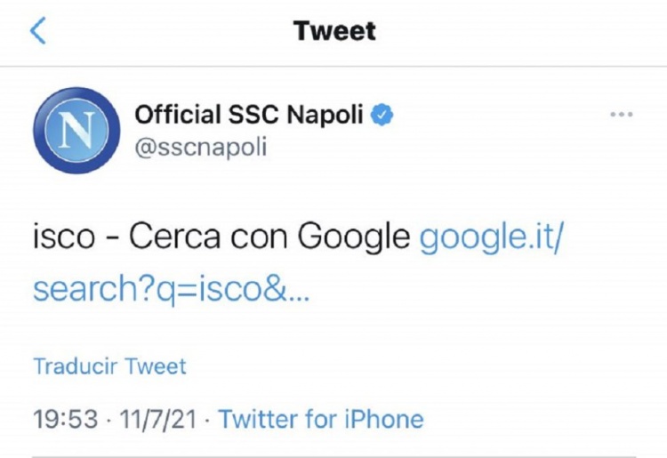 那不勒斯官推发布伊斯科相关推文后迅速删除,引发球迷猜测