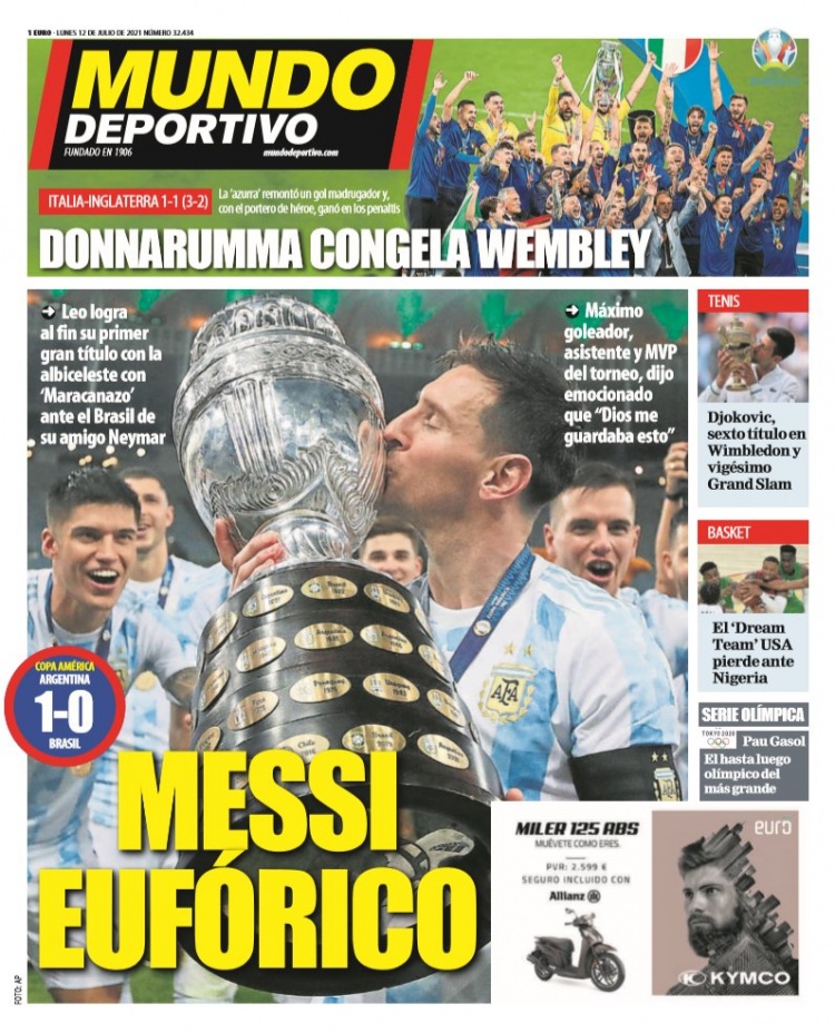 西甲今日头版：梅西首次随阿根廷夺冠 意大利温布利登上欧洲之巅