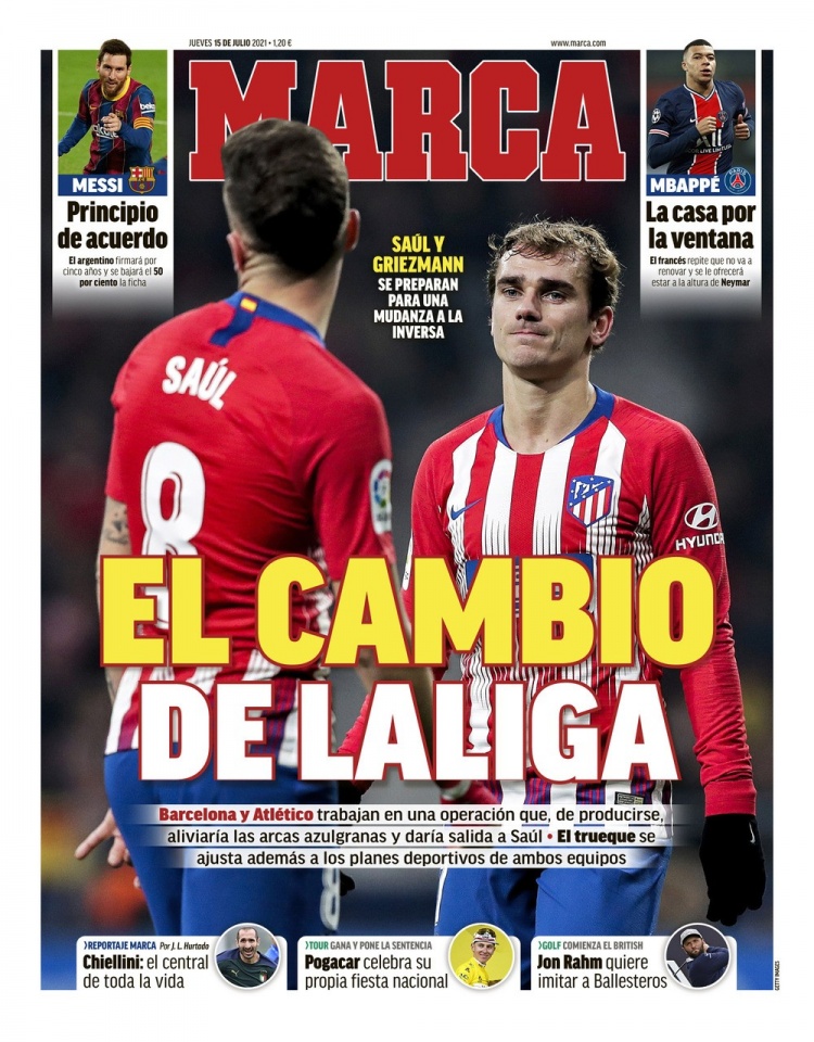 西甲今日头版：梅西将与巴萨续约至2026年 格列兹曼只想重返马竞