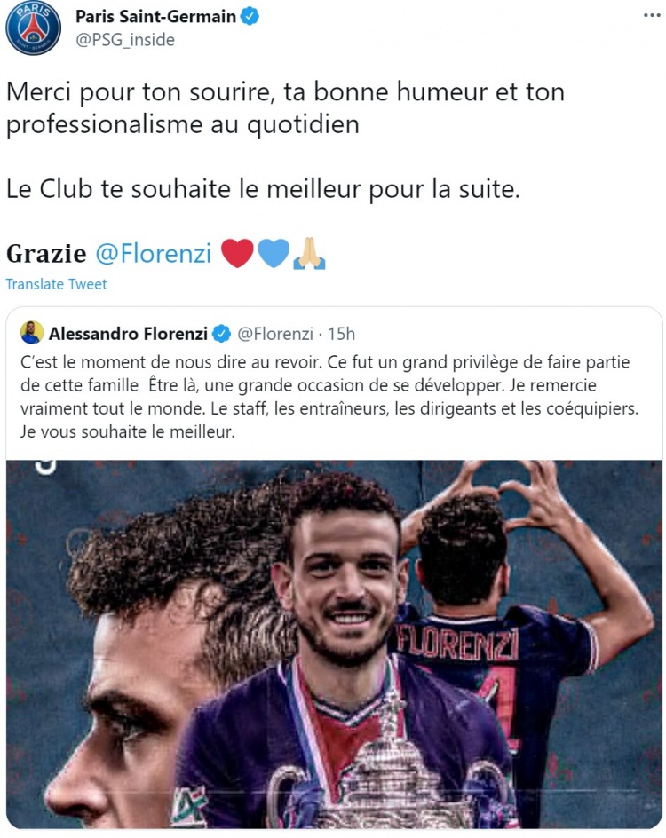 巴黎官推发文告别弗洛伦齐：谢谢你，祝你未来一切好运