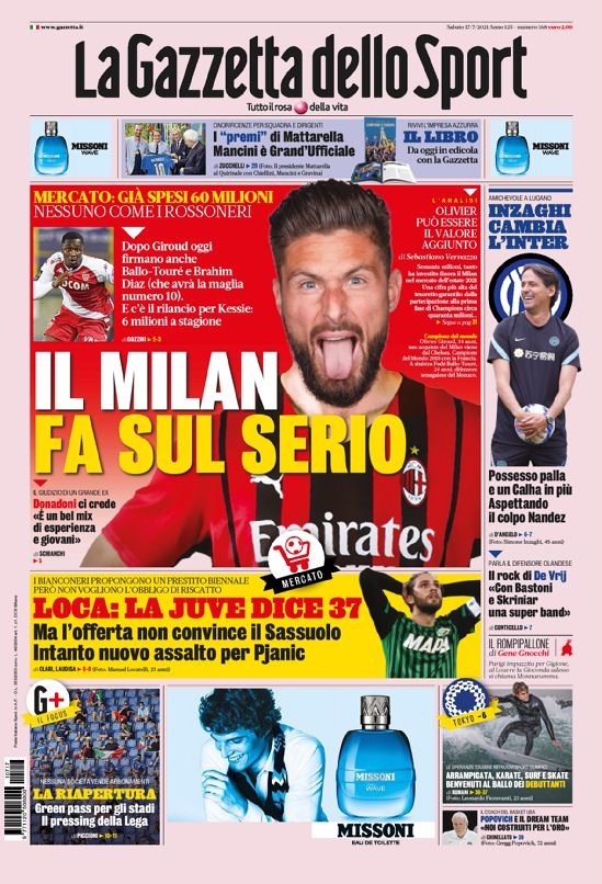 意甲今日头版:米兰引援已花六千万 国米要打控球战术