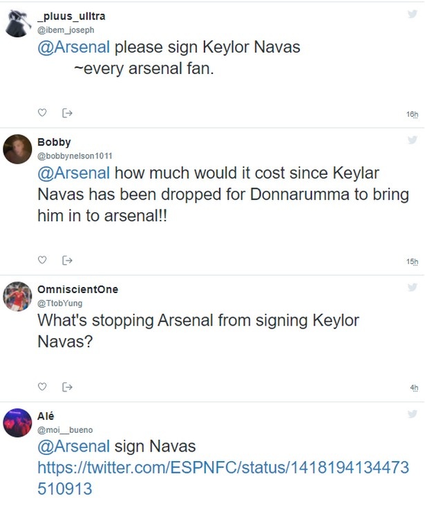 英媒：阿森纳夏窗希望补强门将，诸多球迷呼吁球队签下纳瓦斯