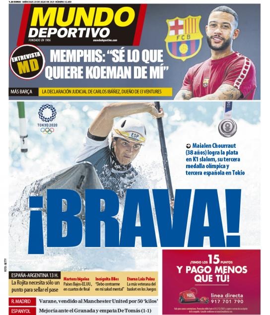 西甲今日头版：皇马将瓦拉内卖给了曼联 西班牙奥运队战平就出线