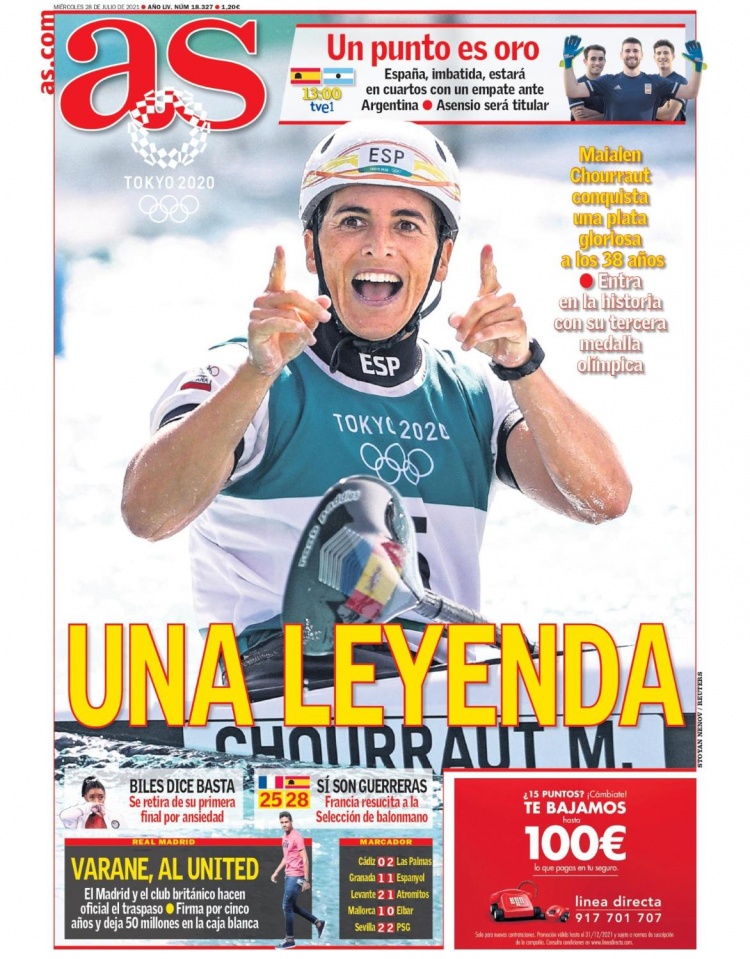 西甲今日头版：皇马将瓦拉内卖给了曼联 西班牙奥运队战平就出线