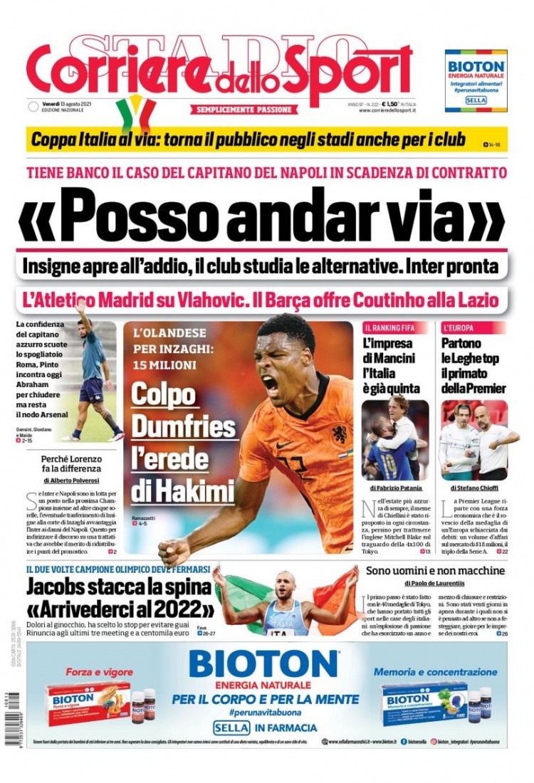 意甲今日头版：国米拿下邓弗里斯 米兰全力追阿德利