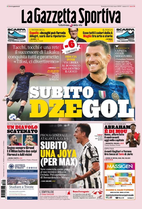 意甲今日头版:哲科征服所有内拉 亚伯拉罕属于穆帅