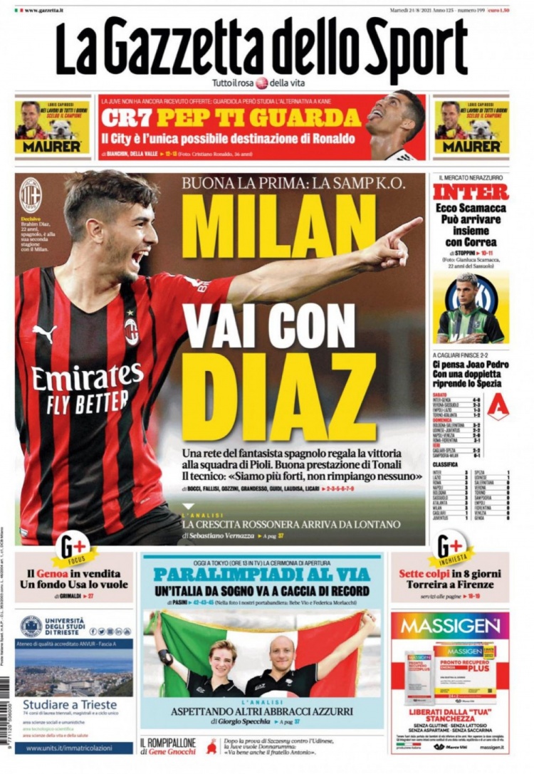 意甲今日头版:曼城是C罗唯一可能目的地 迪亚斯是米兰的宝贝