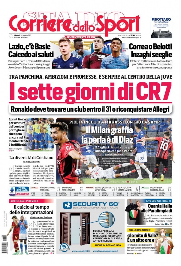 意甲今日头版:曼城是C罗唯一可能目的地 迪亚斯是米兰的宝贝