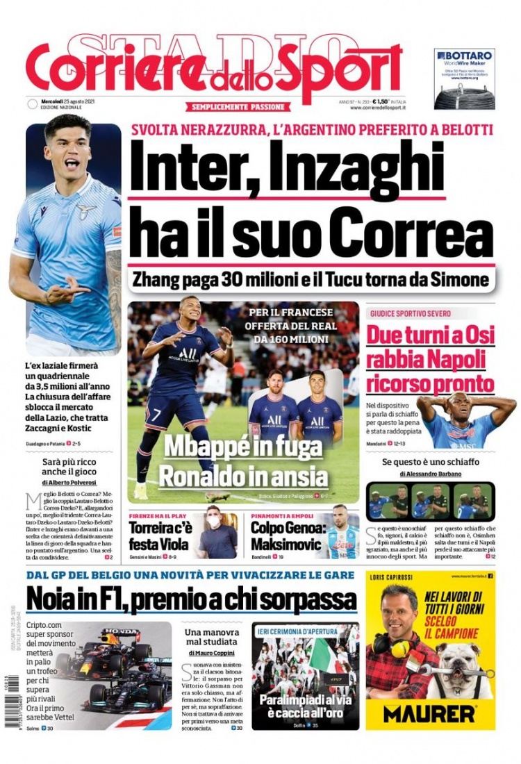 意甲今日头版:因扎吉得到科雷亚 CR7和曼城起传闻