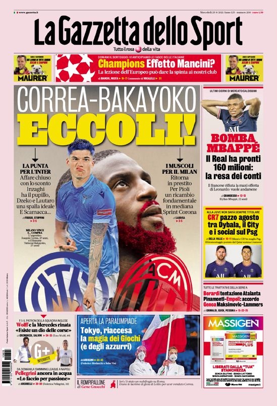 意甲今日头版:因扎吉得到科雷亚 CR7和曼城起传闻