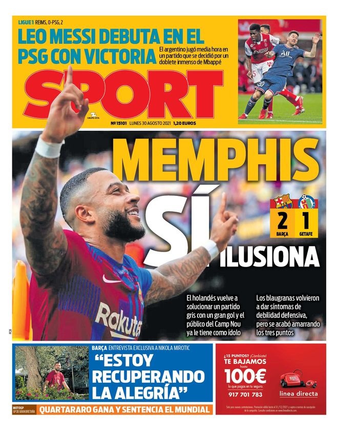 西甲今日头版：德佩再次用进球助巴萨获胜 皇马追逐姆巴佩到最后