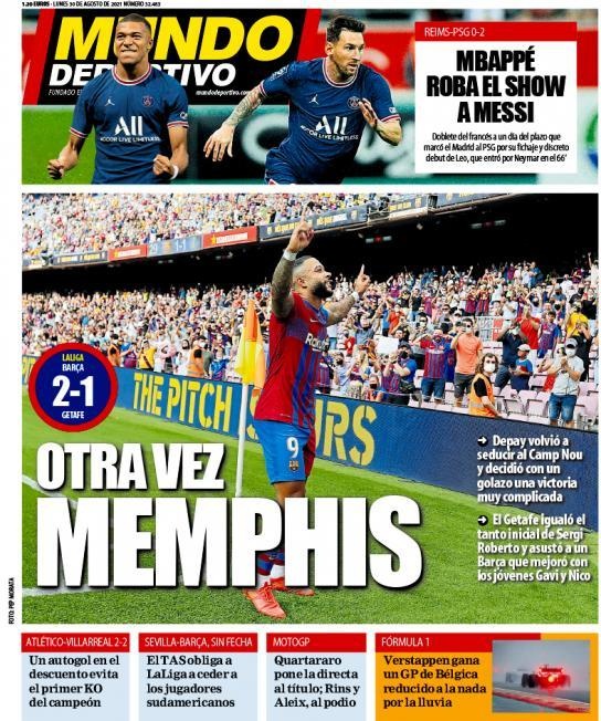 西甲今日头版：德佩再次用进球助巴萨获胜 皇马追逐姆巴佩到最后