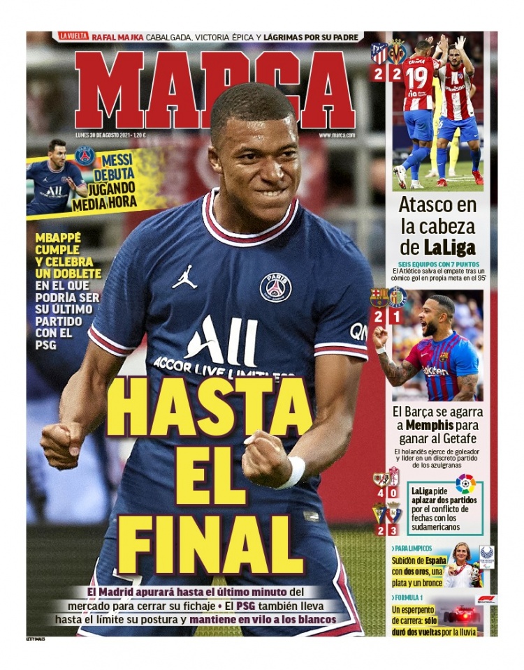 西甲今日头版：德佩再次用进球助巴萨获胜 皇马追逐姆巴佩到最后