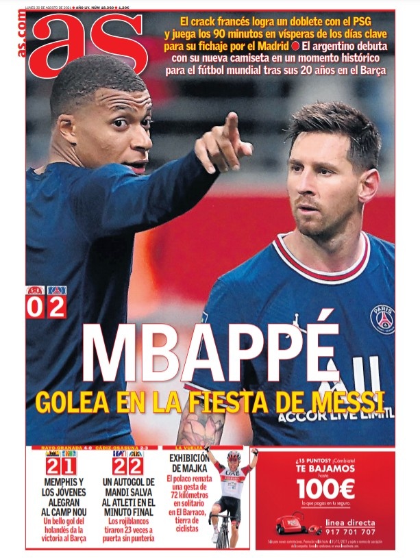 西甲今日头版：德佩再次用进球助巴萨获胜 皇马追逐姆巴佩到最后