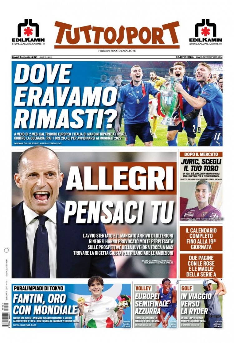 意甲今日头版：冠军意大利出征世预赛 尤文要靠阿莱格里