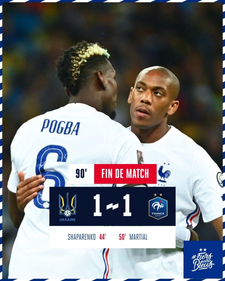 世预赛-马夏尔失良机+救主迪亚比中柱 法国1-1乌克兰两连平