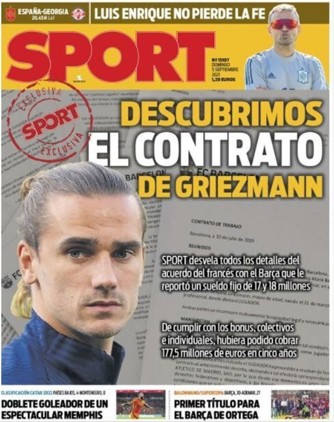 西甲今日头版：格列兹曼与巴萨的合同曝光 西班牙需要赢球并等待