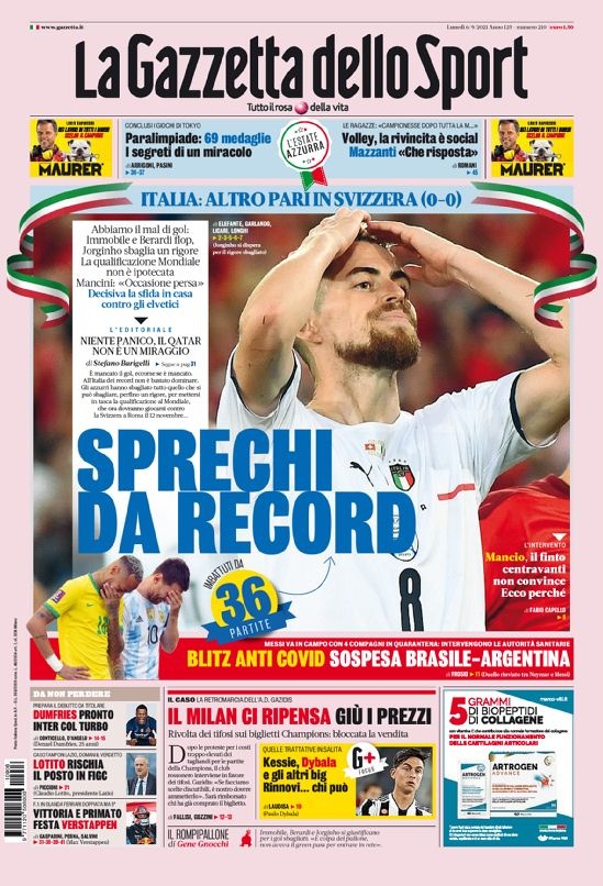 意甲今日头版:意大利浪费机会 囧叔要求中场多进球