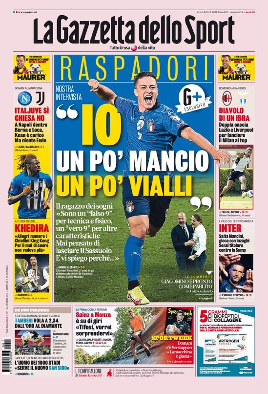 意甲今日头版：伪九号拉斯帕多里 米兰战蓝鹰后战红军