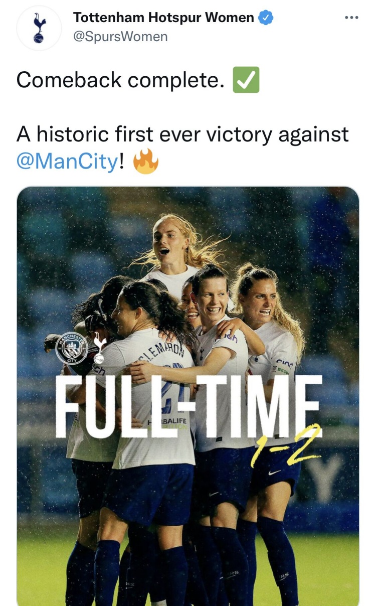 热刺女足力克曼城登顶积分榜,唐佳丽进入替补名单未登场