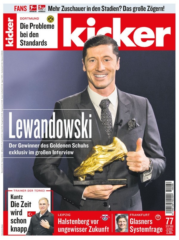 德甲今日头版:金靴奖得主莱万 多特的丢球联赛第三多