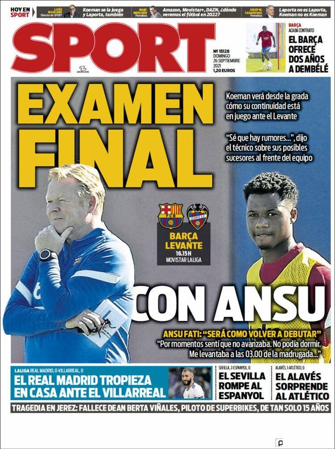 西甲今日头版：马德里双雄本轮均丢分 科曼迎来终极考试