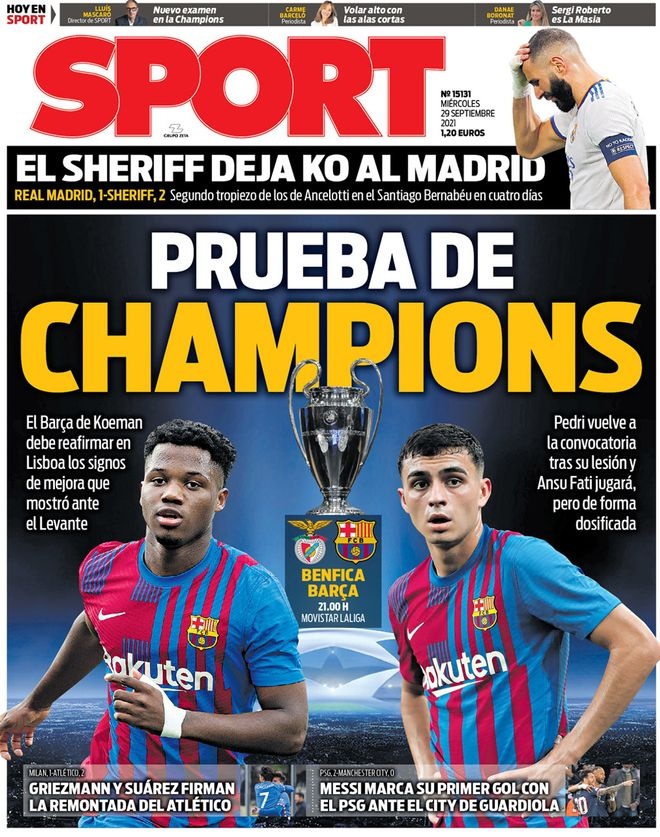 西甲今日头版：谢里夫喧宾夺主客胜皇马 巴萨迎来欧冠测试