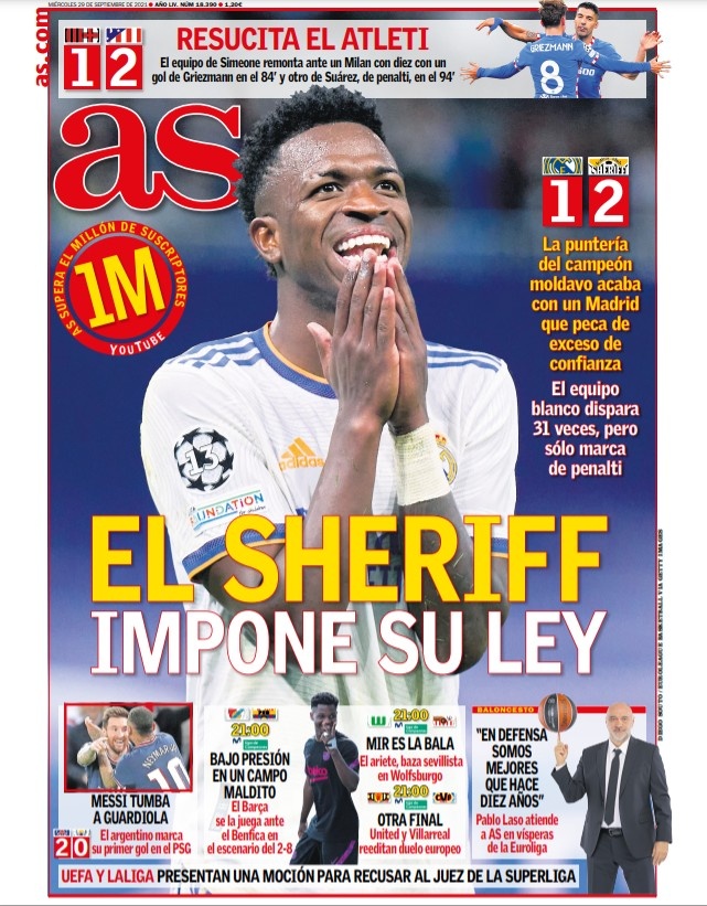 西甲今日头版：谢里夫喧宾夺主客胜皇马 巴萨迎来欧冠测试